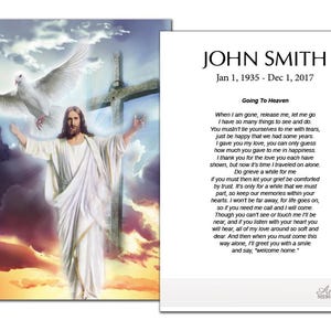 May include: A memorial card with a religious image of Jesus Christ with open arms, a dove, and a cross against a cloudy sky. The card includes the name "JOHN SMITH" and dates, along with a poem titled "Going To Heaven."