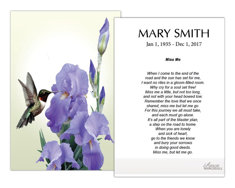 thumbnail image 2 of Printable Funeral Prayer Card 3 X 5 Memorial Prayer Card Editable With Ms Word Purple Iris Flowers Hummingbird 2 of 13