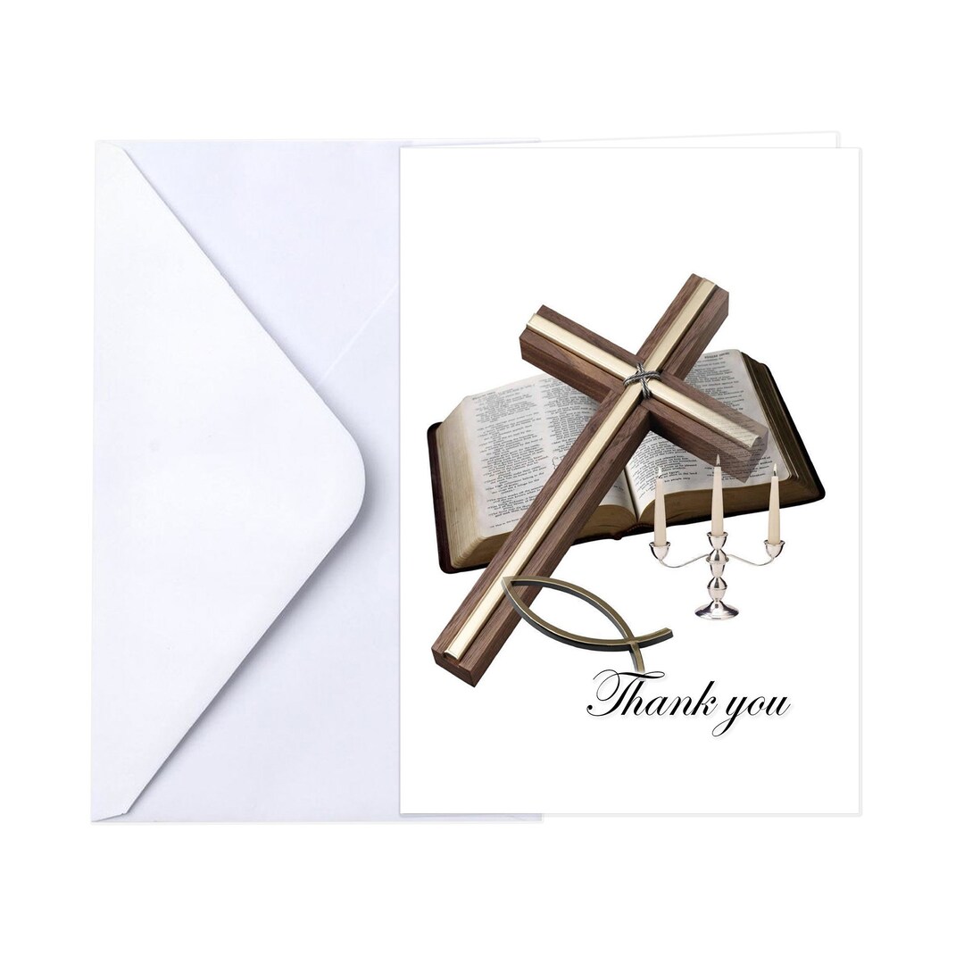Funeral Memorial Service Thank You Cards With Envelopes 25 Count Cross and Bible family Name