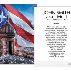 May include: A memorial card featuring the Puerto Rican flag waving in the background. A stone structure is in the foreground. The card includes the name "JOHN SMITH", dates, and a poem titled "Miss Me".