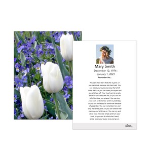 Large Funeral Memorial Prayer Cards 3.25&quot;x5.25&quot; (Tulips White) LFPC1017EN - Printed, Optional Lamination- Qty- 50