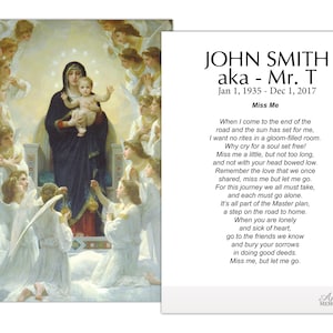 May include: A memorial card with the text "JOHN SMITH aka - Mr. T" and dates. The card includes a poem titled "Miss Me" and a religious painting of Mary and baby Jesus surrounded by angels.