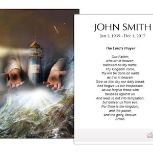 May include: A memorial card with the name "JOHN SMITH" and dates "Jan 1, 1935 - Dec 1, 2017". The card includes "The Lord's Prayer" text and a lighthouse image with outstretched hands and a stormy sea.