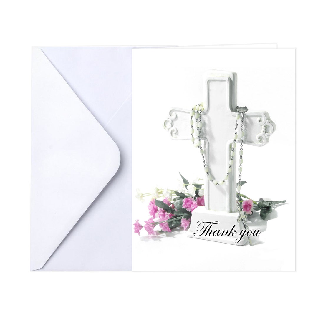 Funeral Memorial Service Thank You Cards With Envelopes 25 Count Cross and Flowers family Name