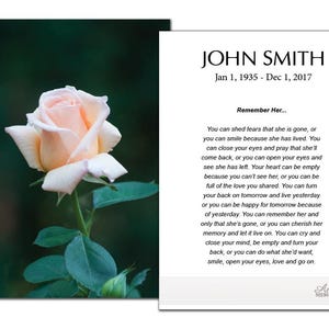 May include: A peach-colored rose in full bloom with green leaves and stem, set against a dark green background. Beside it is a white card with the name "JOHN SMITH" and dates, along with a poem titled "Remember Her..."