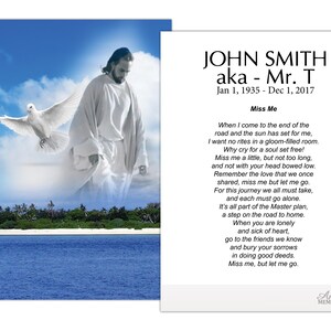 May include: A memorial card featuring an image of a figure in white robes with a dove against a blue sky and ocean. Text on the card reads "JOHN SMITH aka - Mr. T" with dates and a poem titled "Miss Me."