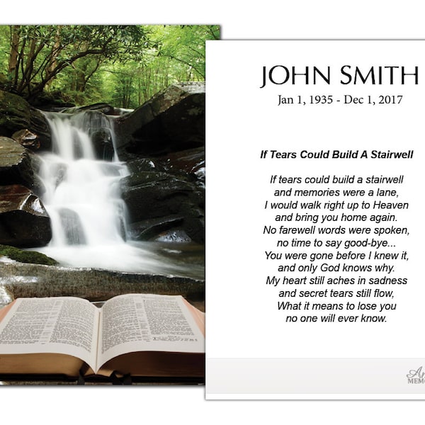 Funeral Memorial Prayer Cards (Peace-full Waterfall-Bible) FPC1020EN - Printed, Optional Lamination- Qty- 50