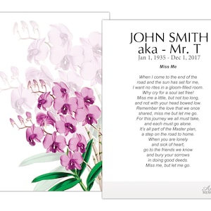 May include: A memorial card featuring a watercolor illustration of purple orchids. The card includes the name "JOHN SMITH aka - Mr. T" and dates, along with a poem titled "Miss Me". The Amor Memorials logo is at the bottom.