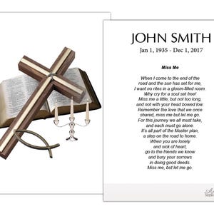 May include: A memorial card with the name "JOHN SMITH" and dates. The card features a wooden cross, an open book, candles, and a fish symbol. The text "Miss Me" and a poem are also included.
