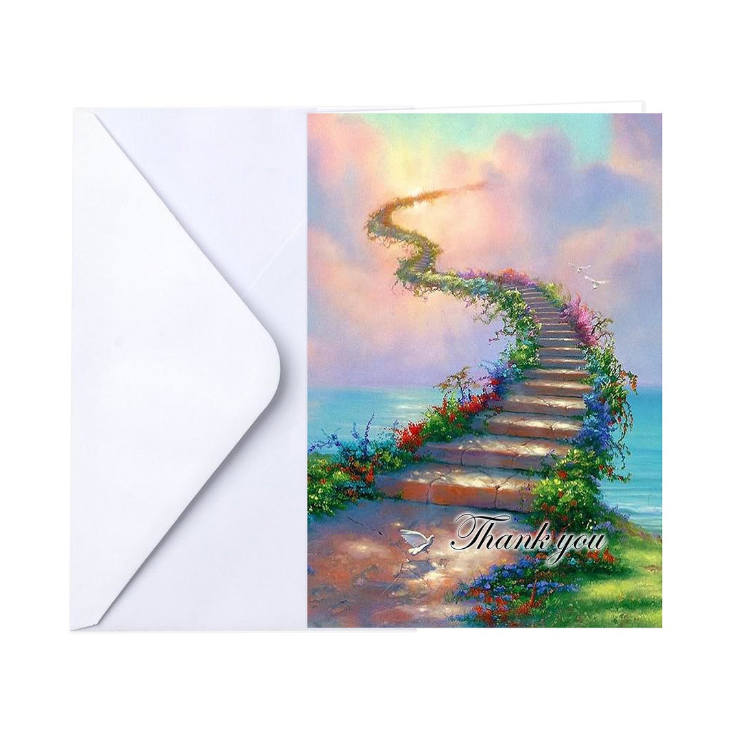 Funeral Memorial Service Thank You Cards With Envelopes 25 Count Stairs to Heaven family Name