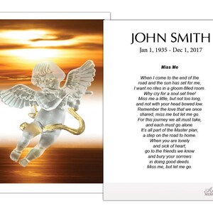 May include: A memorial card featuring a clear glass angel with gold accents, set against a sunset backdrop. The card includes the name "JOHN SMITH" and dates, along with a poem titled "Miss Me".