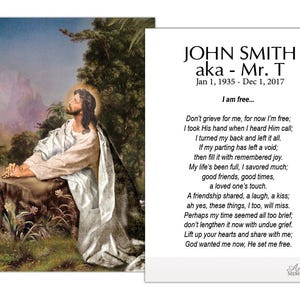 May include: A memorial card featuring a religious image of a figure in white robes, with text that reads "JOHN SMITH aka - Mr. T" and dates. The card includes a poem titled "I am free..." and the Amor Memorials logo.