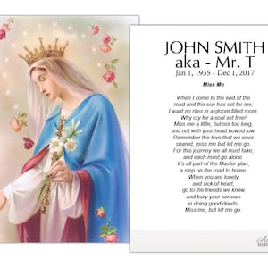May include: A memorial card featuring a religious illustration and a poem. The illustration depicts a woman in a blue cloak and gold crown, holding flowers. The card includes the name "JOHN SMITH" and the dates "Jan 1, 1935 - Dec 1, 2017."