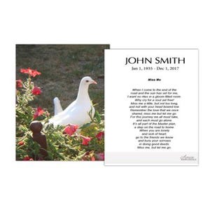 May include: A white dove stands amidst red flowers and green foliage, next to a memorial card. The card reads "JOHN SMITH" with dates "Jan 1, 1935 - Dec 1, 2017" and a poem titled "Miss Me".