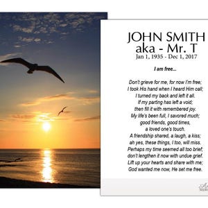 May include: A memorial card featuring a sunset over the ocean with two seagulls in flight. The card includes the name "JOHN SMITH aka - Mr. T" and a poem titled "I am free..."