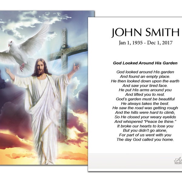 Funeral Memorial Prayer Cards (God Welcoming) FPC1151EN  Printed, Optional Lamination- Qty- 50