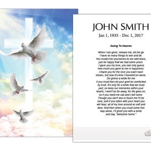May include: A memorial card with a blue sky and white dove design. The left side features a cross and doves in flight. The right side has the name "JOHN SMITH" and dates, along with a poem titled "Going To Heaven".