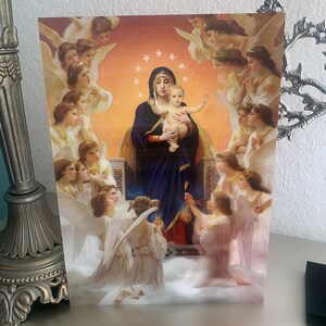 Virgin Mary, Baby Jesus and Angels Holographic Poster 9.5in x 13.5in Religious Print Gift-Wall Decor