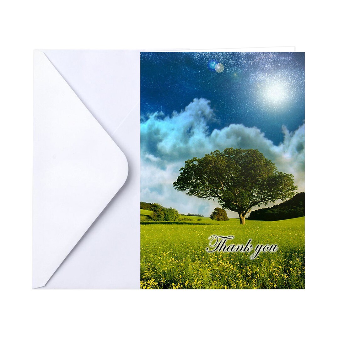 Funeral Memorial Service Thank You Cards With Envelopes 25 Count Tree Landscape family Name