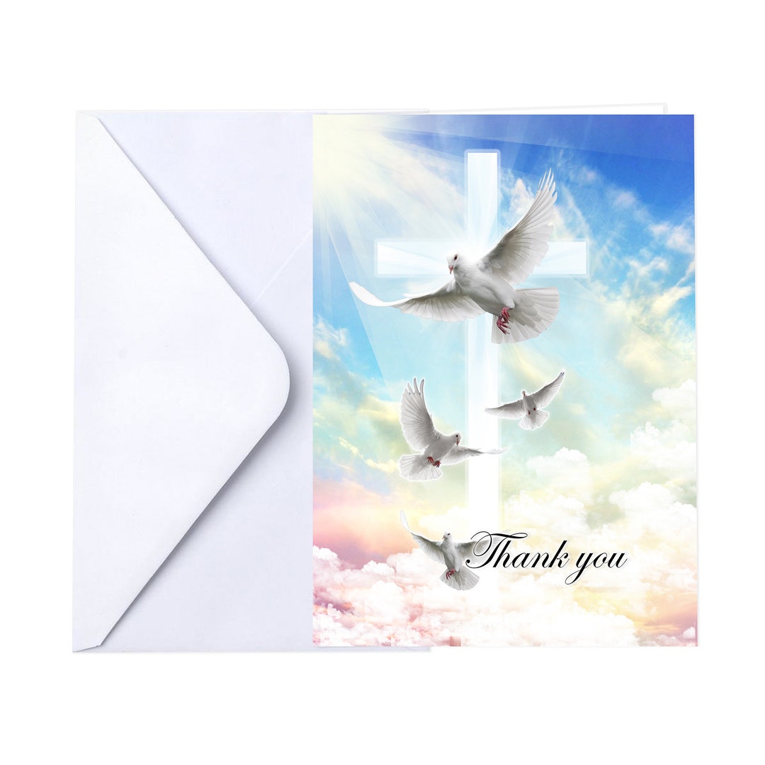 Funeral Memorial Service Thank You Cards With Envelopes 25 Count Cross and Doves family Name
