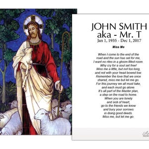 May include: A memorial card featuring a religious illustration of a figure in red and cream robes holding a lamb, surrounded by sheep. The card includes the text "JOHN SMITH aka - Mr. T" and a poem titled "Miss Me".