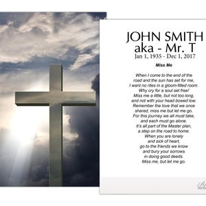 May include: A memorial card featuring a silver cross against a backdrop of a cloudy sky with sun rays. The card includes the name "JOHN SMITH" and a poem titled "Miss Me".