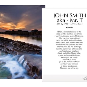 May include: A memorial card featuring a scenic photograph of a sunset over water, with a poem and the name "John Smith" and dates. The text includes the poem "Miss Me" and the words "Amor Memorials".