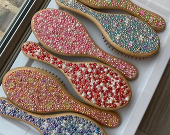 Bedazzled Wooden Hairbrush with Pearls, Flowers, Bows – Unique Embellished Styling Tool