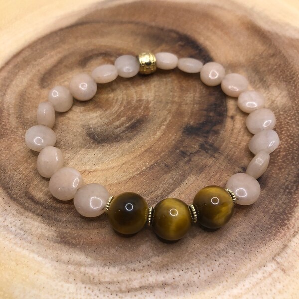 Gem Show Special 8mm Coin Gemstone Bracelet with 10mm Tigers Eye Protection Good Luck Mental Clarity