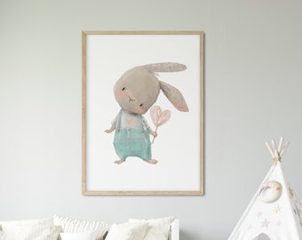 Niedlicher Hase mit Luftballon Poster | Kinderzimmer Wanddeko | Tierillustration | Babyzimmer Wandbild | Ideales Geschenk