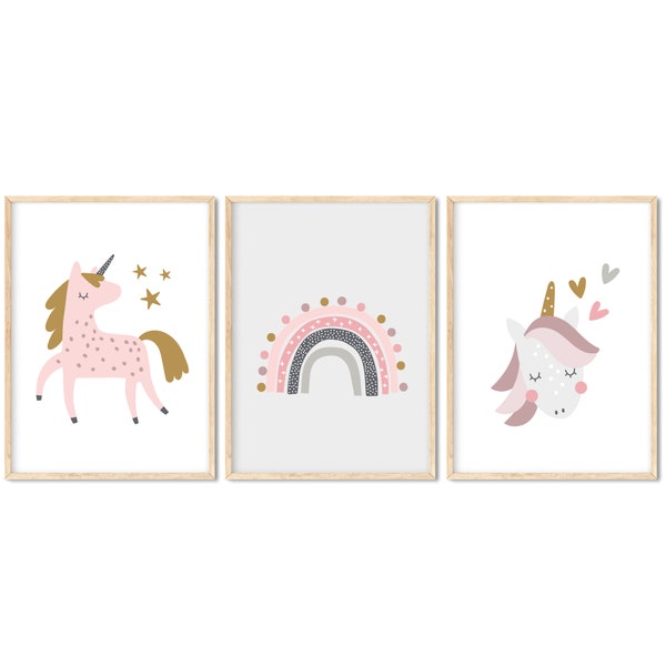 L'amour de la licorne - Décoration de chambre d'enfant, set de 3 poster DinA4, chambre bébé garçon/fille