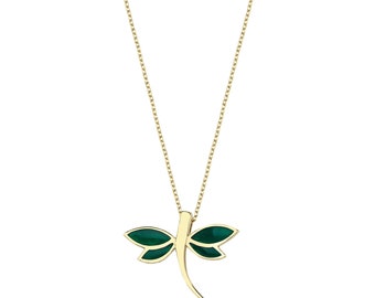 14K Solid Yellow Gold Dragonfly Necklace - Dainty Chain Pendant Charm Jewelry