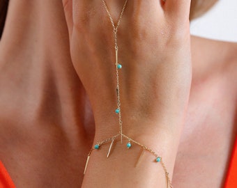 14k Gold Adjustable Turquoise Hand Harness Finger Ring Chain Bracelet. Bangle Bracelet - Gold Finger Chain Bracelet for Women Best Jewelry