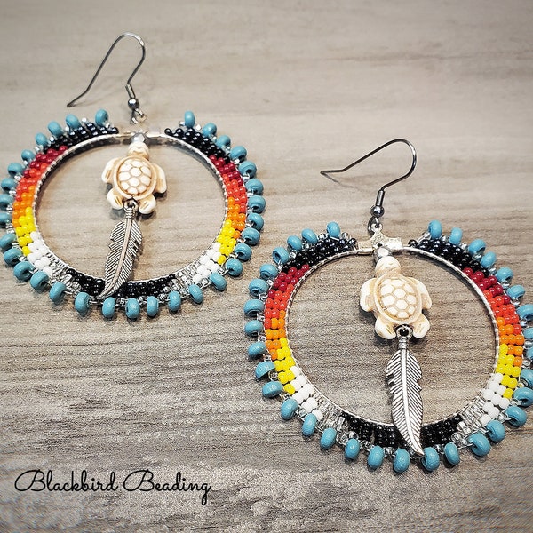 Beaded Hoops with Stone Turtle