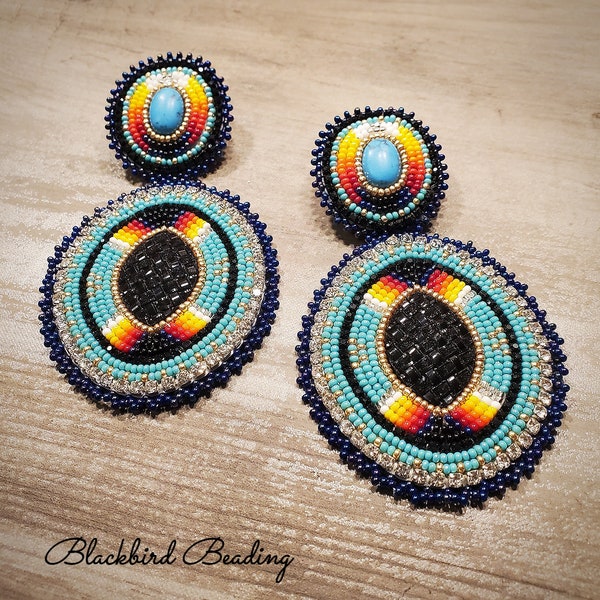 Large Turquoise Beaded Medallion Earrings