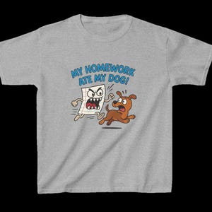 Grappig kinder-T-shirt - My Homework Ate My Dog! Cartoon T-shirt voor jongeren, leuk cadeau voor school, verjaardag of wanneer dan ook