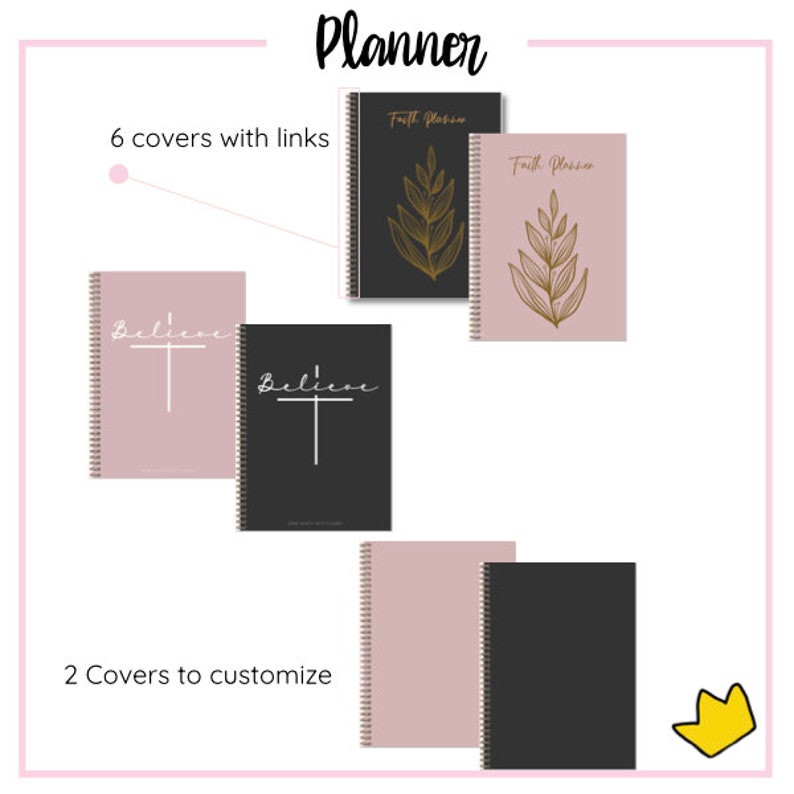 K&ouml;nnte beinhalten: Sechs verschiedene Planer-Cover mit Links zum Kauf. Zwei Cover sind anpassbar. Die Cover zeigen verschiedene Designs, darunter ein Kreuz, ein Blatt und ein schlichtes Schwarzwei&szlig;-Design. Der Text "Faith Planner" und "Believe" ist auf einigen der Cover zu sehen.
