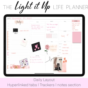 May include: A digital planner app on a tablet screen with a pink and white color scheme. The app has a daily layout with sections for to-do lists, notes, and trackers. The date is November 24, 2024, and the day is Friday. The app also includes a section for chores and a section for meals. The text "Light it Up Life Planner" is at the top of the screen.