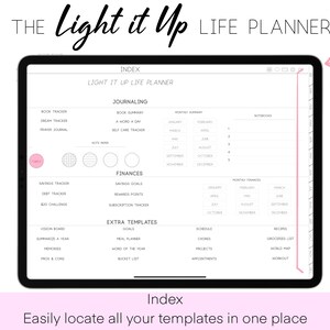 May include: A digital planner app interface with the title "Light It Up Life Planner" and an index of different templates, including journaling, finances, and extra templates. The app has a pink tab with the text "Hyperlinked tabs".