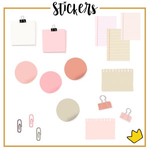 Puede incluir: Un conjunto de pegatinas con diferentes formas y diseños, incluyendo círculos, cuadrados y rectángulos. Las pegatinas son de color rosa, beige y marrón. El texto "Stickers" está escrito en negro en la parte superior de la imagen.
