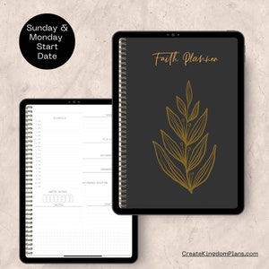 K&ouml;nnte beinhalten: Ein schwarzer digitaler Planer mit einem goldenen Blattdesign und dem Text "Faith Planner". Der Planer hat eine Spiralbindung und ist auf einer Seite mit einem Tagesplan, einem Wasseraufnahme-Tracker und einem Notizbereich ge&ouml;ffnet.