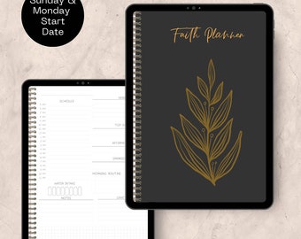 May include: A black digital planner with a gold leaf design and the text "Faith Planner". The planner has a spiral binding and is open to a page with a daily schedule, water intake tracker, and notes section.