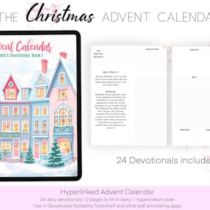 Może przedstawiać: Cyfrowy, drukowany kalendarz adwentowy z uroczą ilustracją śnieżnego miasteczka. Kalendarz zawiera 24 codzienne rozważania i jest hiperłączony, aby można go było używać w cyfrowych aplikacjach do robienia notatek. Tekst na okładce brzmi "Kalendarz adwentowy Devotional dla kobiet: Książka 1".