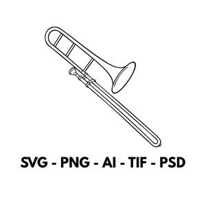 Op de afbeelding: Een zwart-witte lijntekening van een trombone als muziekinstrument. Onder het instrument staat de tekst SVG - PNG - AI - TIF - PSD, wat de beschikbare bestandsformaten voor dit digitale grafische ontwerpbestand aangeeft.