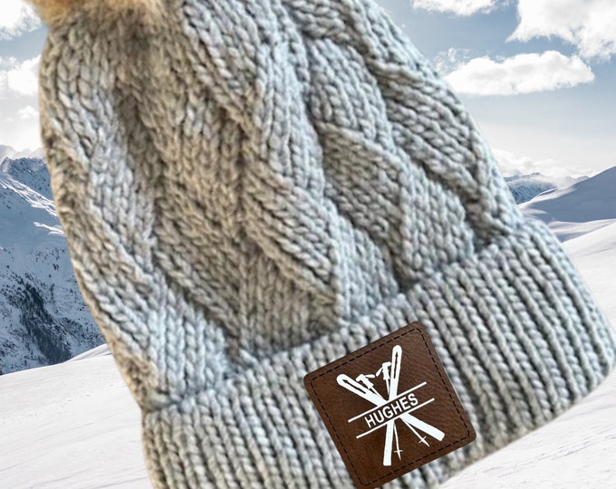 Personalized Winter Hat Custom Name Ski Gift For Mom Slope Wear Cable Beanie Fur Top Mountain Style Winter Accessory Custom Design Ski Mom