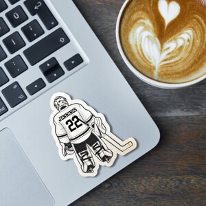 Custom Hockey Goalie Sticker Vinyl Player Design Water Resistant Athletic Equipment Decoration Team Spirit Display Personalized Name Number Option Die Cut Silhouette Black White Color Professional Sports Decal Perfect Locker Helmet Laptop