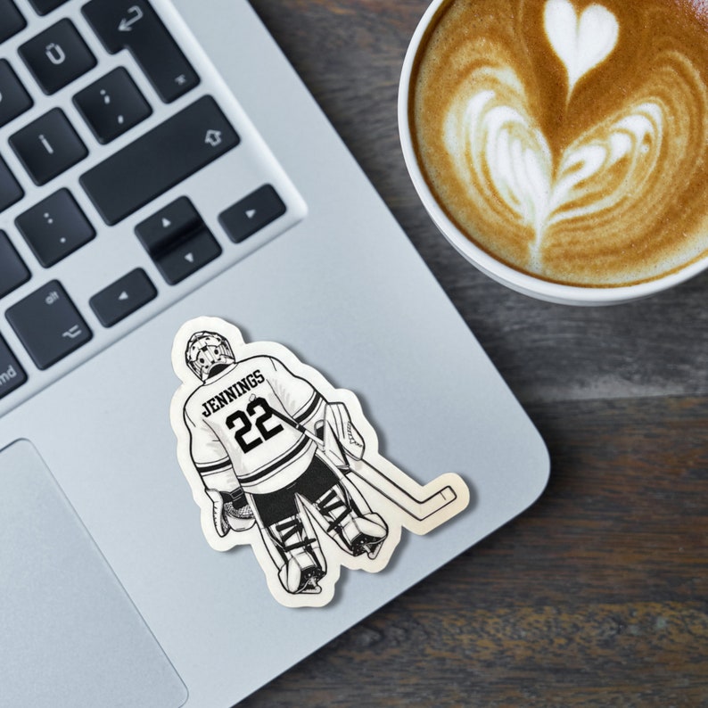 Custom Hockey Goalie Sticker Vinyl Player Design Water Resistant Athletic Equipment Decoration Team Spirit Display Personalized Name Number Option Die Cut Silhouette Black White Color Professional Sports Decal Perfect Locker Helmet Laptop