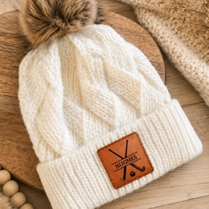 Field Hockey Mom Beanie Winter Hat Leather Patch Custom Design Sport Team Field Hockey Mom Gift Idea Winter Wear Warm Accessory Knit Cap