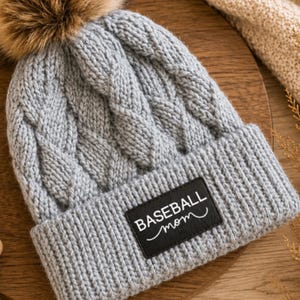 Baseball Mom Beanie Winter Hat Leather Patch Mom Gift Baseball Fan Winter Wear Warm Beanie Pom Top Cold Weather Accessory Team Mom Sport