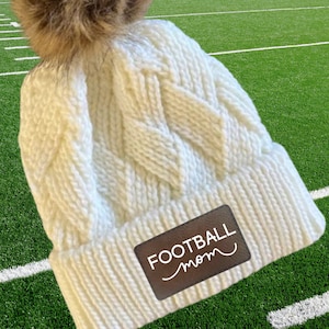 Football Mom Beanie Winter Hat Leather Patch Mom Gift Football Fan Winter Wear Warm Beanie Pom Top Cold Weather Field Accessory Team Mom